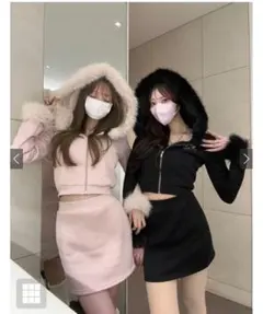 GRL ファー付きパーカー×ミニスカートスウェットセットアップ