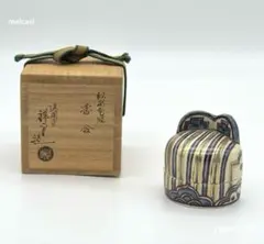 古陶 香炉 蓋付 市松文 赤絵 染付 茶道具 香道具 共箱付 時代物 骨董