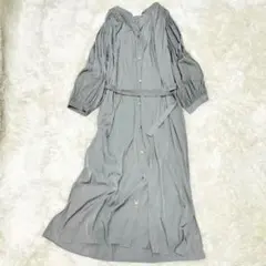美品 洗える ノーブル シャツイレヘムフレアワンピース ブルー 38 日本