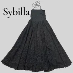 未使用 シビラ 黒 総刺繍 リネン コットン タックフレア ロングスカートM 未使用 シビラ 黒 総刺繍 リネン コットン タックフレア ロング