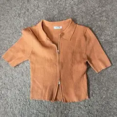 リブ編みジップアップ半袖トップス オレンジ