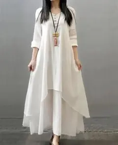 ホワイト ロングシャツワンピース Asian L (LL)