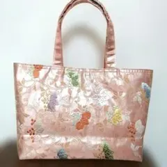 帯リメイク、刺繍入りピンクトートバッグ　1