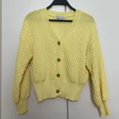 レディース　カーディガン　ダイヤモンド編み　M イエロー　黄色