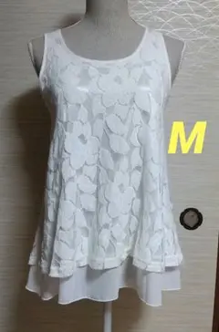 ノースリーブ タンクトップチュニック シフォン+レース2枚仕立 白 M