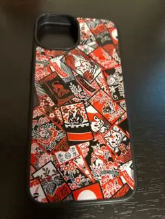 【iPhone14】スマホケース 花札風 和柄 狐のお面 猫 赤×黒 レトロ