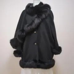 カシミヤ100％ フォックスファー付 ケープ ポンチョ フリー 黒 Aライン