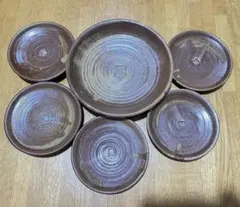 作家物】備前焼風 盛り皿 & 小皿 6点セット (大皿1枚・小皿5枚) 刻印あり