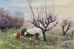 1112☆水彩画原画　梅畑　梅の風景　初春［落ち葉焚き］