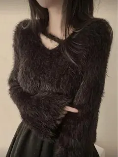 SHEIN ニット セーター ふわふわ Vネック カジュアル ブラック
