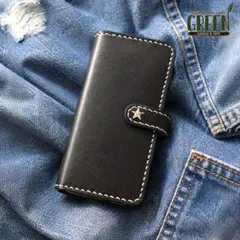 栃木レザー　ブラック　iPhoneケース　　手帳型　本革　スタッズ　星