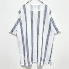 ビーミングバイビームス|ストライプ柄刺繍 Tシャツ【M】クルーネック 裾スリット