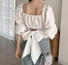 バストギャザークロップハーフスリーブニットトップス 半袖 夏服 