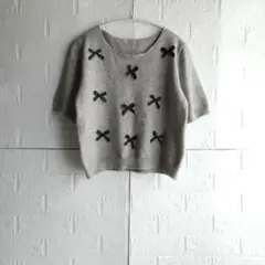 リボン装飾 グレー 半袖ニット