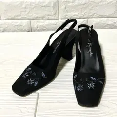 銀座かねまつ 刺繍入り 黒 スリングバック ヒール サンダル 22cm 小さい