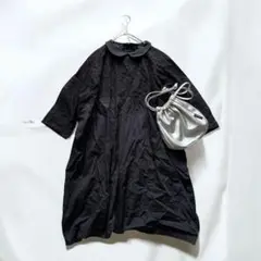 黒ビッグシャツLシャツワンピース後ろハーフボタン素材切り替え涼しげゆったり