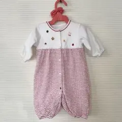 日本製familiarロンパース・カバーオール 白赤ストライプ50〜60サイズ