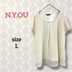 N.Y.OU【L】ビージュ付き半袖ブラウス クルーネック パール フェミニン