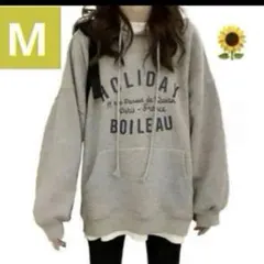 М パーカーレディース長袖 ゆったり大きいサイズ グレーロゴ薄手 オーバーサイズ