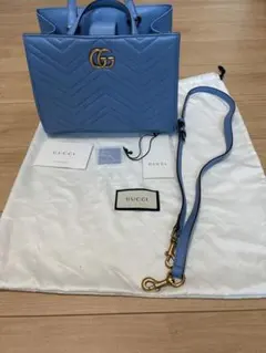 極美品 グッチ GGマーモント トップハンドル 2WAY バッグ ブルーグレー 