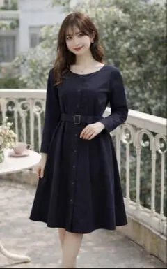 美品 ナチュラルビューティーベーシック 膝下 ワンピース ネイビー S