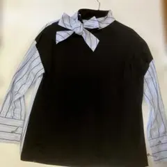 【新品】リボン付き長袖シャツ ブラック・ストライプ