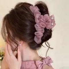 ヘアクリップ 大きめ シフォン バンスクリップ パール風 上品 韓国 ピンク