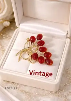 ヴィンテージ 赤石風 ブローチ 上品 ゴールド調 フラワー