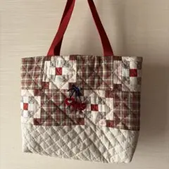 パッチワークトートバッグ 赤とベージュ