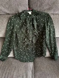 H&M ダークグリーン ドット柄 フリルシャツ