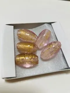 金箔入り バレル型 ガラスビーズ ピンク 5個セット