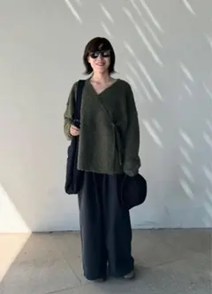 深緑 ニットセーター オーバーサイズ ゆったり カジュアル Vネック 普段着