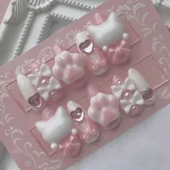 ネイルチップ 量産型 地雷 サブカル ピンク ホワイト ネコ 肉球