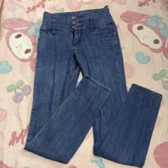 ハイウエスト スキニーデニム 4ボタン ダークブルー