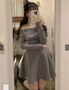 GRL オフショルダーニットフレアワンピース