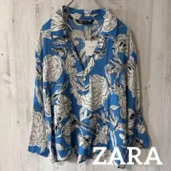 最終価格【新品】ZARA リネンシャツ 花柄 ブルー タグ付　Mサイズ
