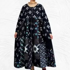 着物リメイク　一点もの　パッチワーク　弓浜絣の長袖ワンピース　古布