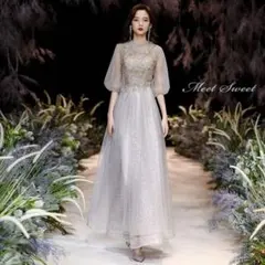 グレー チュールドレス 半袖 金色刺繍　パーティードレス