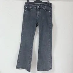 レディースフレアデニムパンツ グレー ダメージ加工フレアデニム ストレートデニム