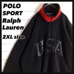 完売品！90'sポロ　USAロゴ　ハーフジップ　フリース　刺繍　星条旗　黒　赤