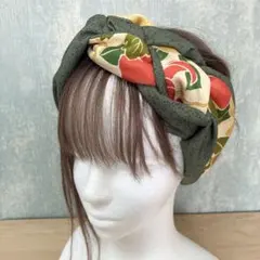 和風編み込みターバン　着物リメイク　クロスターバン　ヘアバンド　緑＆黄色系