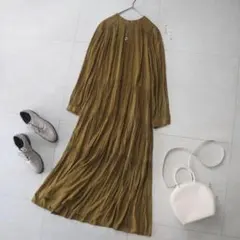 春オリーブマスタードブラウンアーバンリサーチロッソバックリボンプリーツワンピース