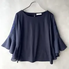 美品✨エポカザショップ　袖刺繍　五分袖カットソーブラウス　ネイビー　タイトめM