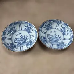 たち吉　染付 花文様 深皿 輪花皿　　約21cm