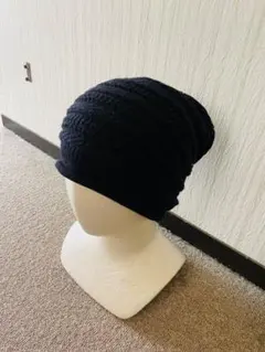 ひ*9様 リブ編み 黒 ニット帽 フリーサイズ