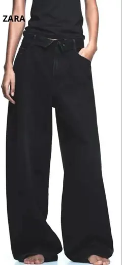 ZARA TRF ワイドデニムパンツ 36 ブラック ハイウエスト 折り返し
