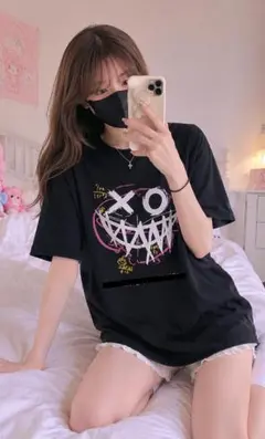 グラフィックプリント 半袖Tシャツ ブラック ストリート