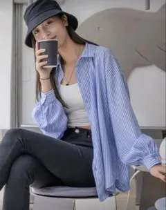 ストライプ ドロップショルダー シャツ ブルー