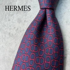 美品 HERMES エルメス シェーヌダンクル柄 総柄 ネクタイ ネイビー 紺