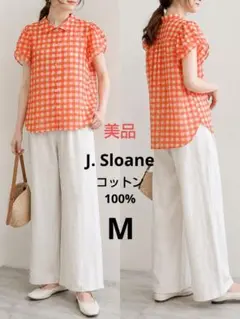 【J. Sloane】オレンジ 半袖チェック コットン ブラウス Мサイズのサムネイル